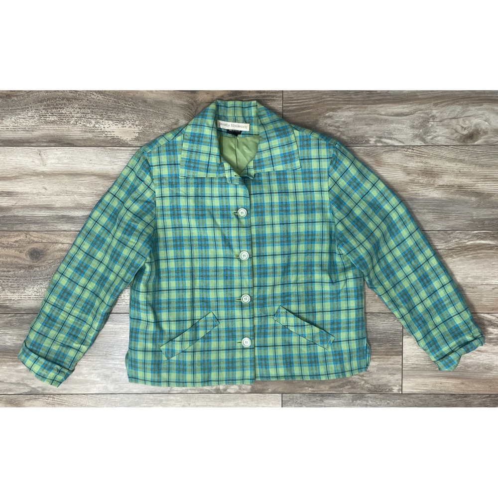 Jessica Holbrook Linen Blend Jacket Womens Size‎ 10 Plaid Blazer 4 Button Lined